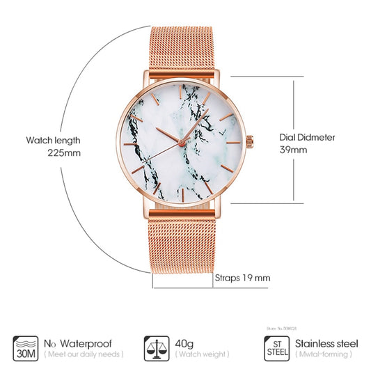 Fashion Rose Gold Mesh Band Creative Marble Female Luxury Women Quartz Watch by Queendom