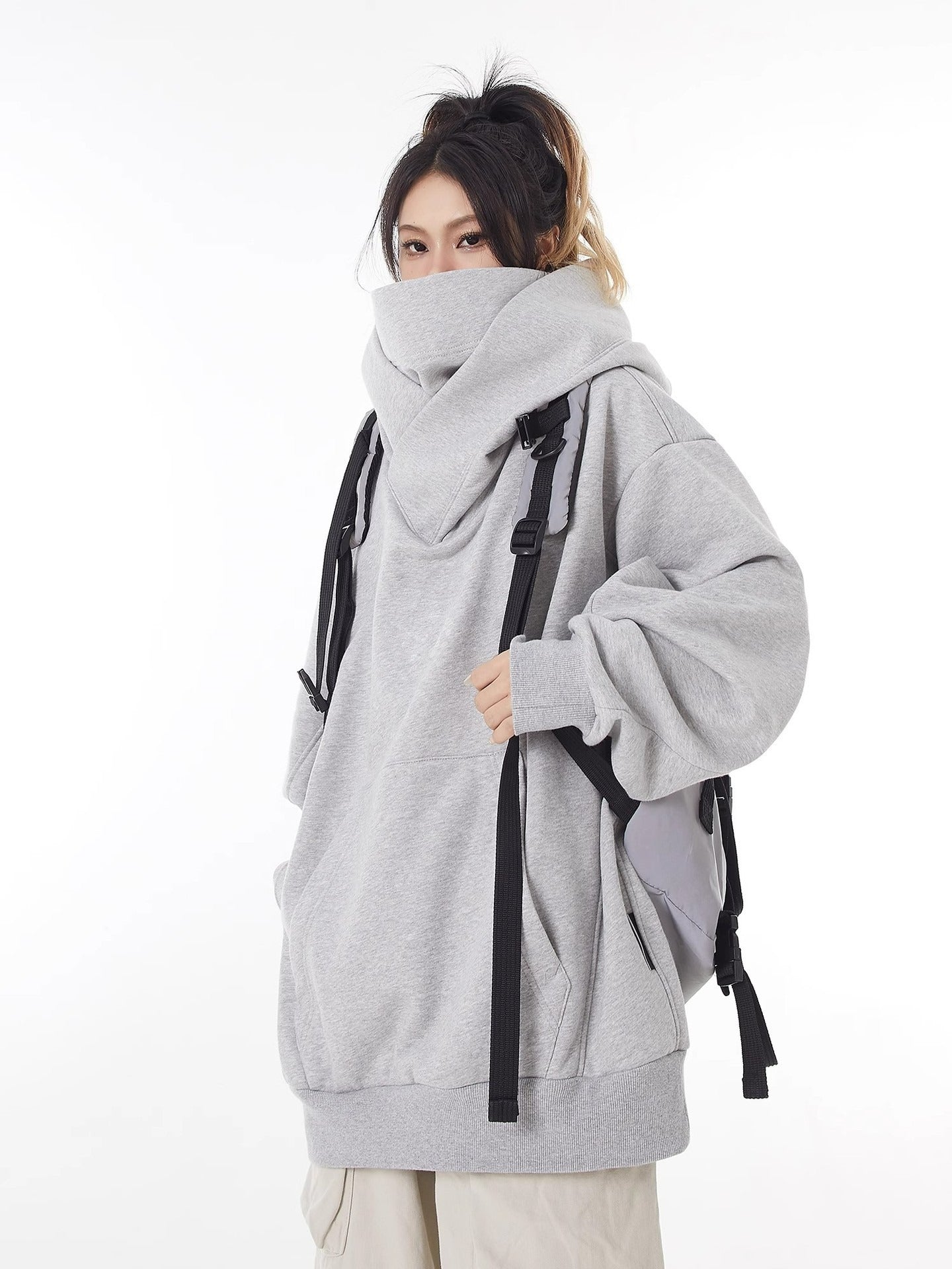 Loose High Collar Fleece Lined Hoodie by Queendom