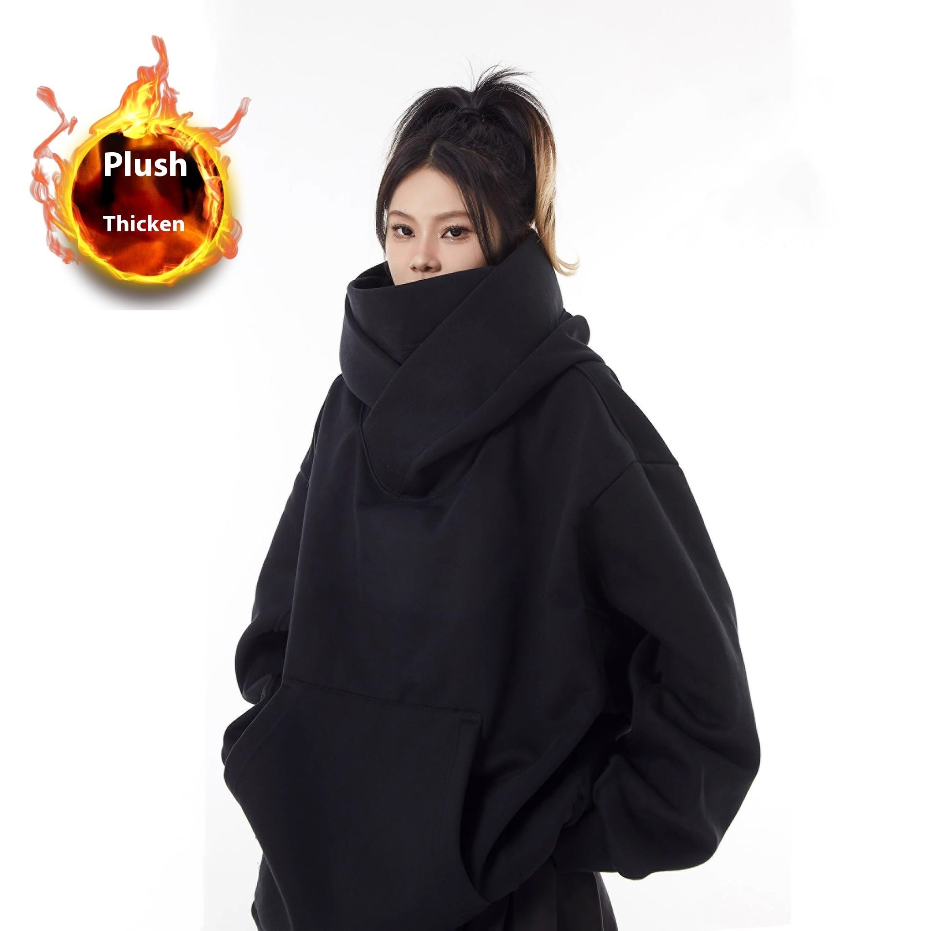 Loose High Collar Fleece Lined Hoodie by Queendom