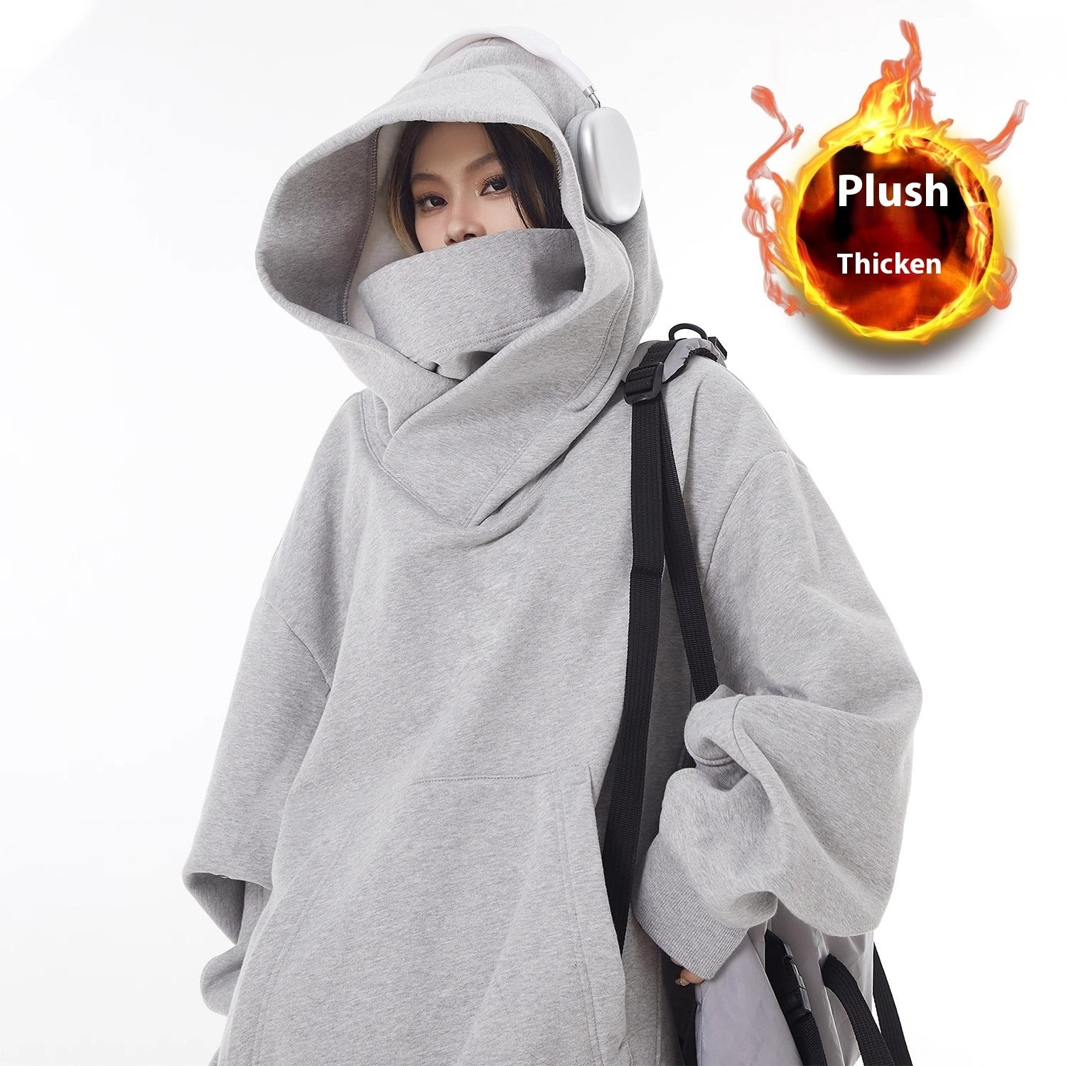 Loose High Collar Fleece Lined Hoodie by Queendom