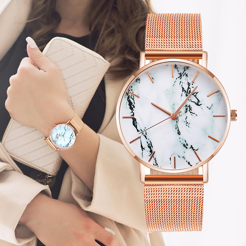 Fashion Rose Gold Mesh Band Creative Marble Female Luxury Women Quartz Watch by Queendom